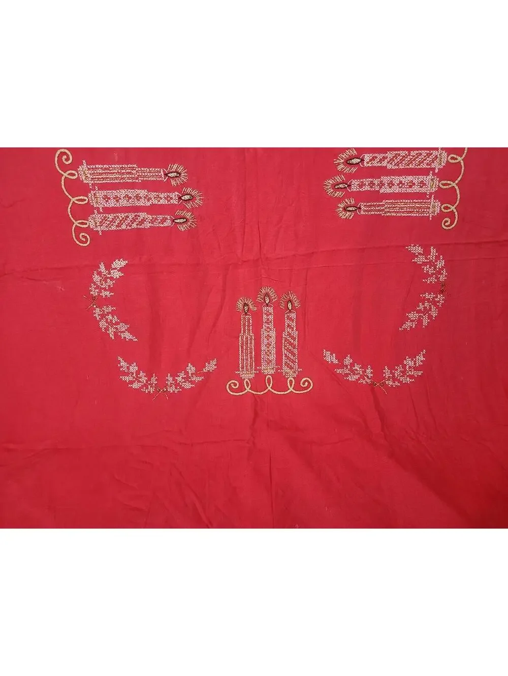 Vintage 50s Tablecloth Rhinestone Hand Embroidery Sparkle Candles Holiday 60x92